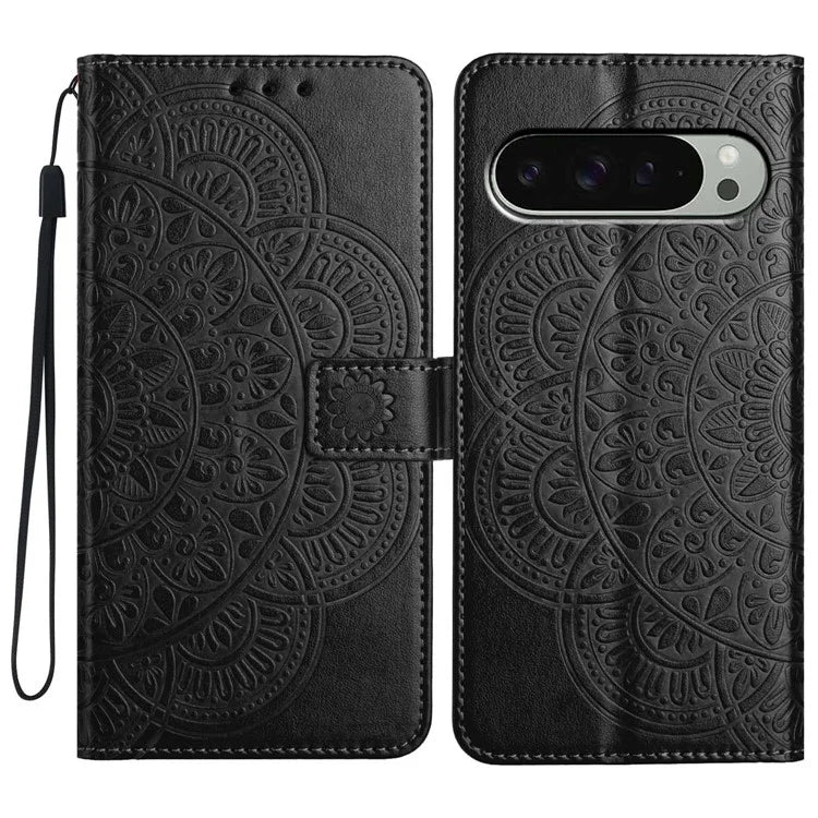 For Google Pixel 9 Pro XL Leather Case with Card Slots Mandala Pattern Phone Cover Stand