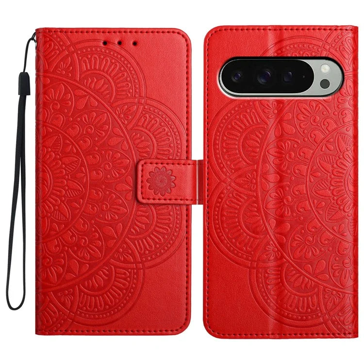 For Google Pixel 9 Pro XL Leather Case with Card Slots Mandala Pattern Phone Cover Stand