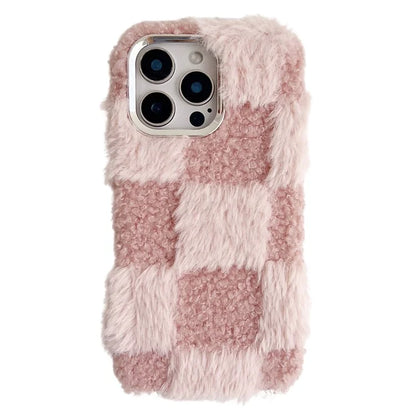 For iPhone 16 Pro Max Case Plush Fluffy Splicing Checkered Pattern TPU Phone Cover
