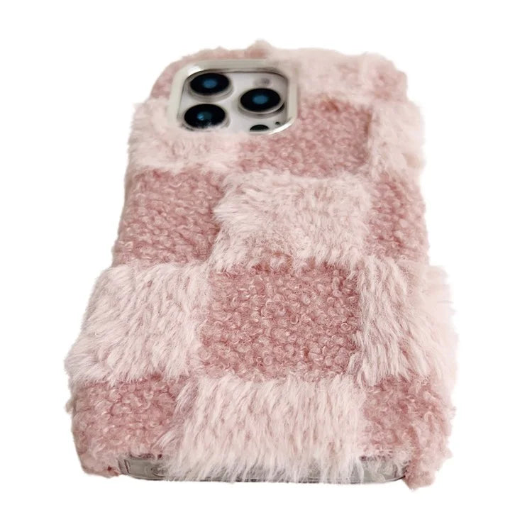For iPhone 16 Pro Max Case Plush Fluffy Splicing Checkered Pattern TPU Phone Cover