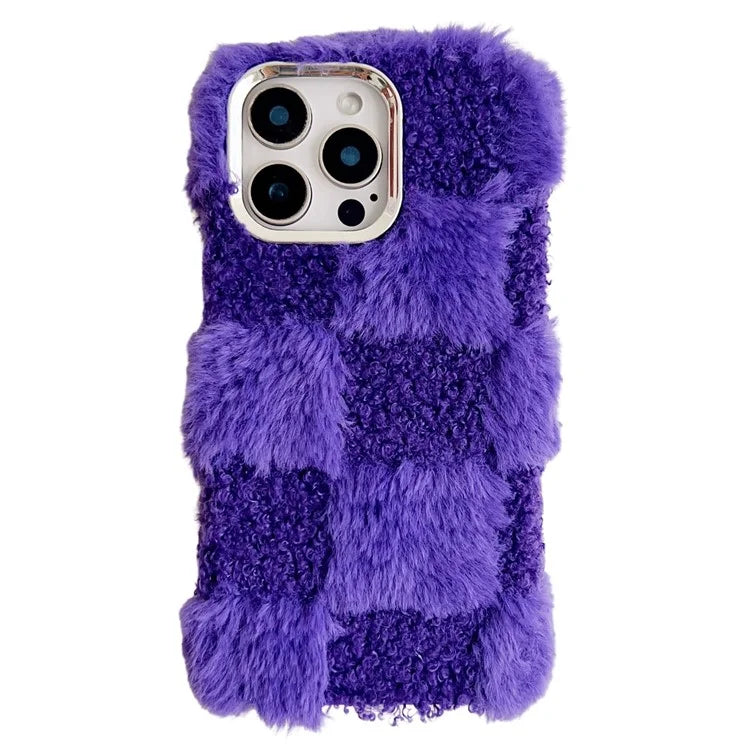 For iPhone 16 Pro Max Case Plush Fluffy Splicing Checkered Pattern TPU Phone Cover