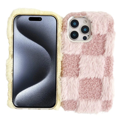 For iPhone 16 Pro Max Case Plush Fluffy Splicing Checkered Pattern TPU Phone Cover