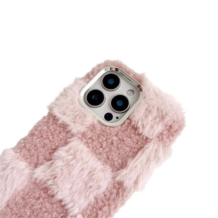 For iPhone 16 Pro Max Case Plush Fluffy Splicing Checkered Pattern TPU Phone Cover