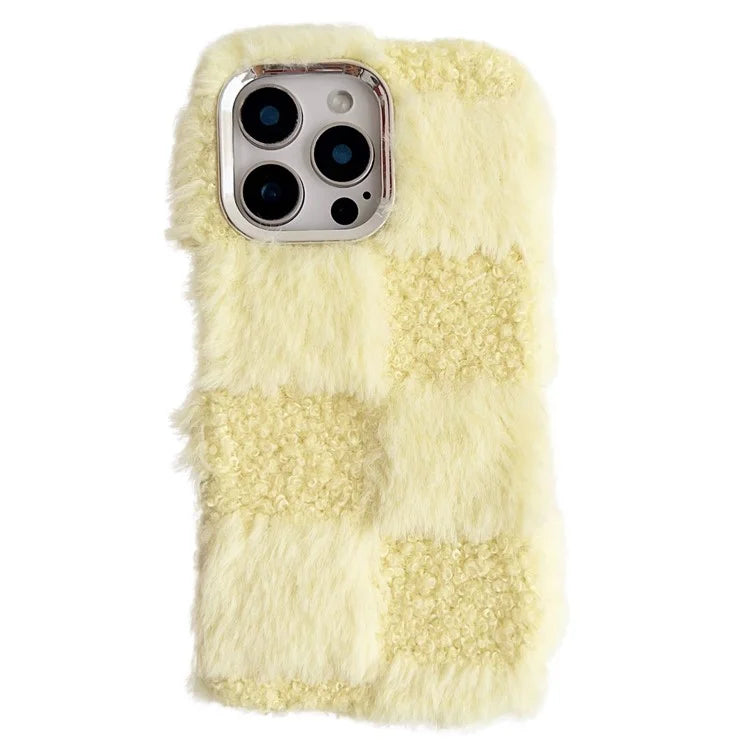 For iPhone 16 Pro Max Case Plush Fluffy Splicing Checkered Pattern TPU Phone Cover