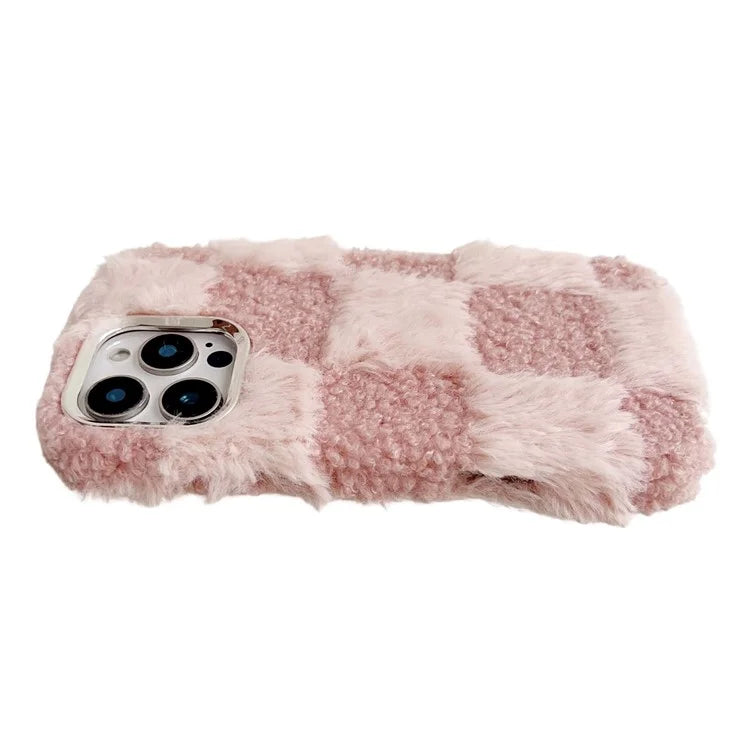 For iPhone 16 Pro Max Case Plush Fluffy Splicing Checkered Pattern TPU Phone Cover