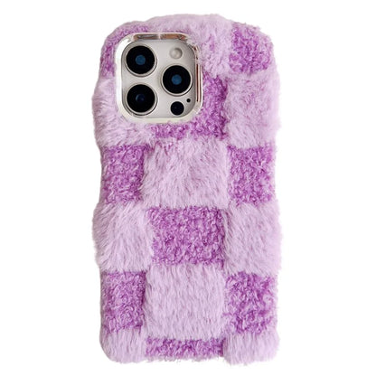 For iPhone 16 Pro Max Case Plush Fluffy Splicing Checkered Pattern TPU Phone Cover