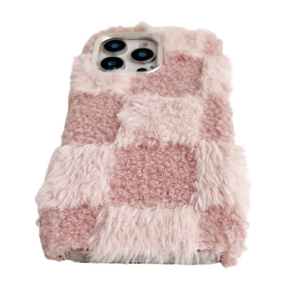 For iPhone 16 Pro Max Case Plush Fluffy Splicing Checkered Pattern TPU Phone Cover
