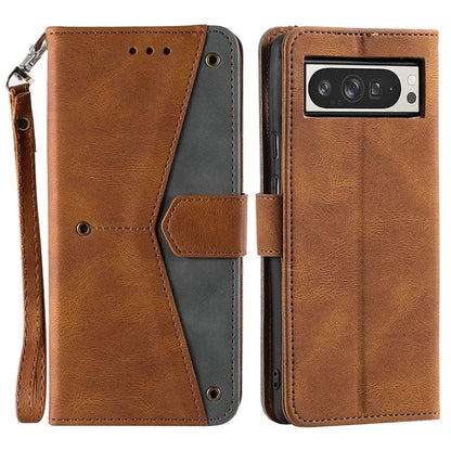 For Google Pixel 9 Pro XL Leather Case Splicing Stitching Wallet Stand Phone Cover with Strap