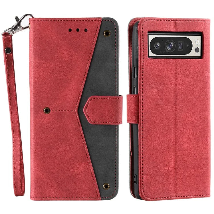 For Google Pixel 9 Pro XL Leather Case Splicing Stitching Wallet Stand Phone Cover with Strap