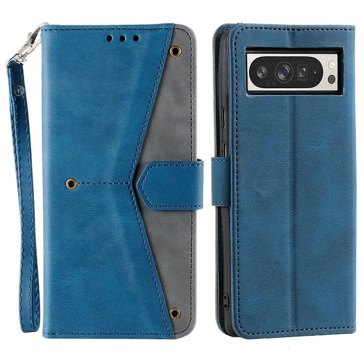 For Google Pixel 9 Pro XL Leather Case Splicing Stitching Wallet Stand Phone Cover with Strap