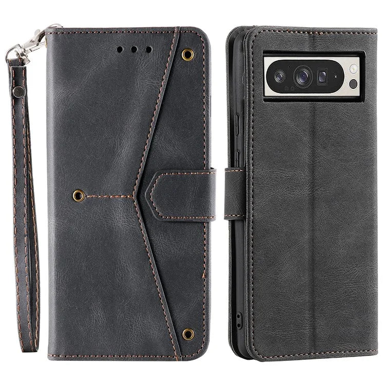 For Google Pixel 9 Pro XL Leather Case Splicing Stitching Wallet Stand Phone Cover with Strap