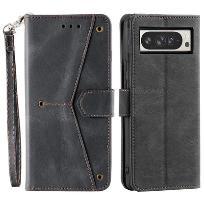 For Google Pixel 9 Pro XL Leather Case Splicing Stitching Wallet Stand Phone Cover with Strap