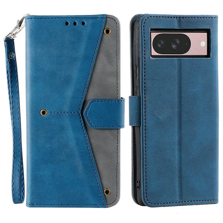 For Google Pixel 9 / 9 Pro Leather Case Splicing Stitching Wallet Stand Phone Cover with Strap