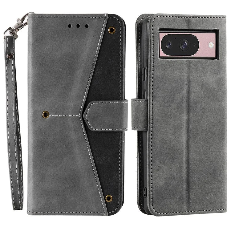 For Google Pixel 9 / 9 Pro Leather Case Splicing Stitching Wallet Stand Phone Cover with Strap