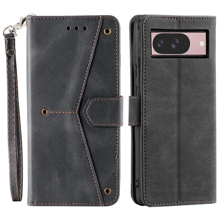 For Google Pixel 9 / 9 Pro Leather Case Splicing Stitching Wallet Stand Phone Cover with Strap