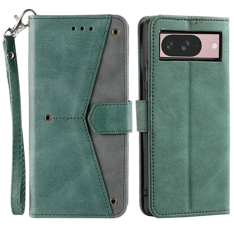For Google Pixel 9 / 9 Pro Leather Case Splicing Stitching Wallet Stand Phone Cover with Strap