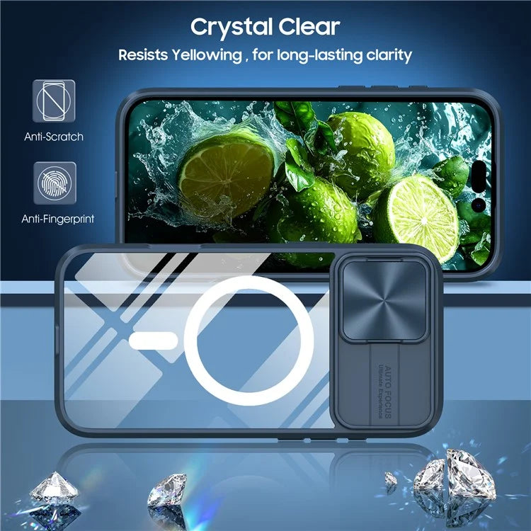For iPhone 16 Plus Clear Phone Case Compatible with MagSafe PC Cover with Camera Lens Slider