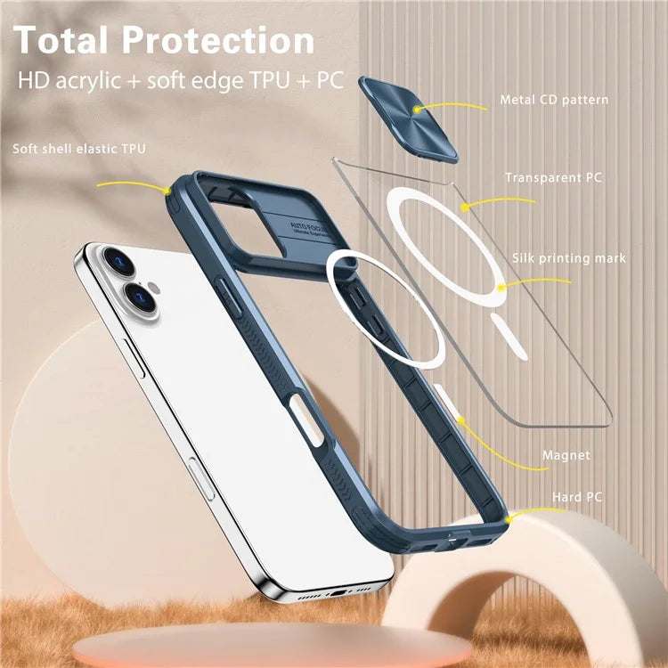 For iPhone 16 Plus Clear Phone Case Compatible with MagSafe PC Cover with Camera Lens Slider
