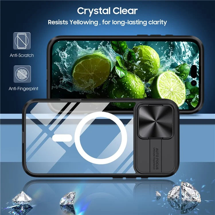 For iPhone 16 Plus Clear Phone Case Compatible with MagSafe PC Cover with Camera Lens Slider