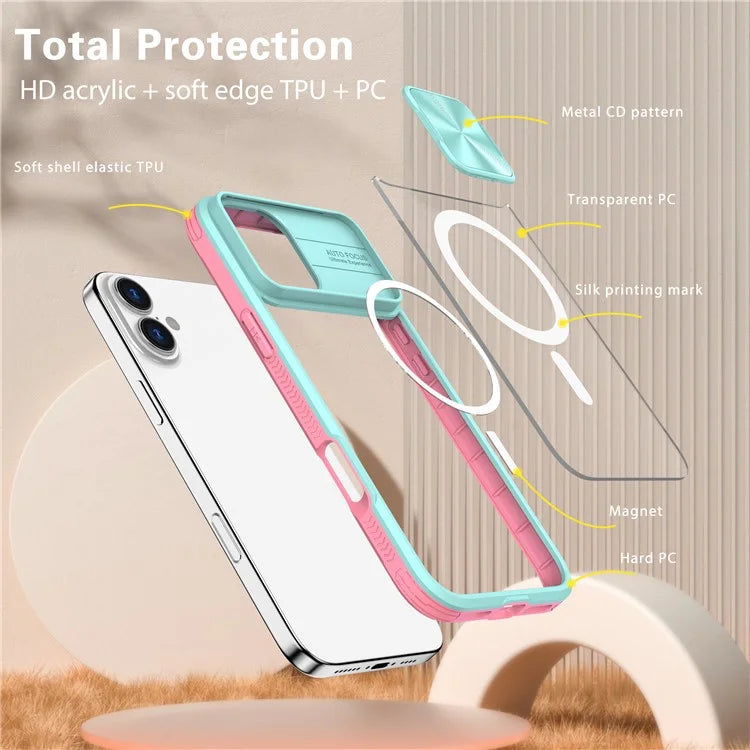 For iPhone 16 Clear Phone Case Compatible with MagSafe PC Cover with Camera Lens Slider
