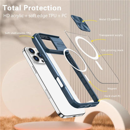 For iPhone 16 Pro Clear Phone Case Compatible with MagSafe PC Cover with Camera Lens Slider