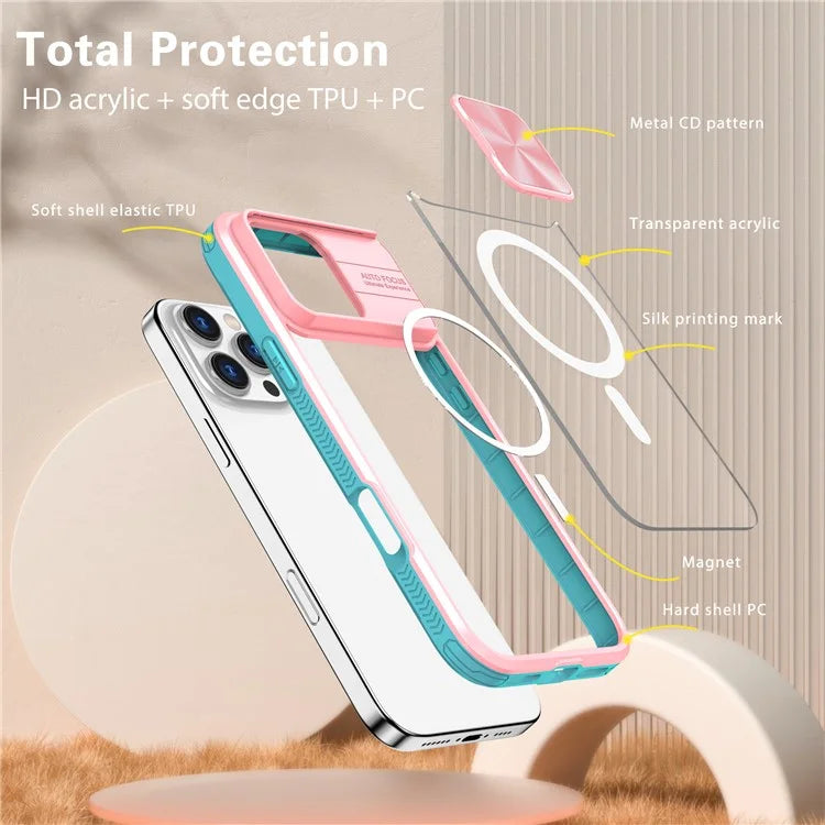For iPhone 16 Pro Clear Phone Case Compatible with MagSafe PC Cover with Camera Lens Slider