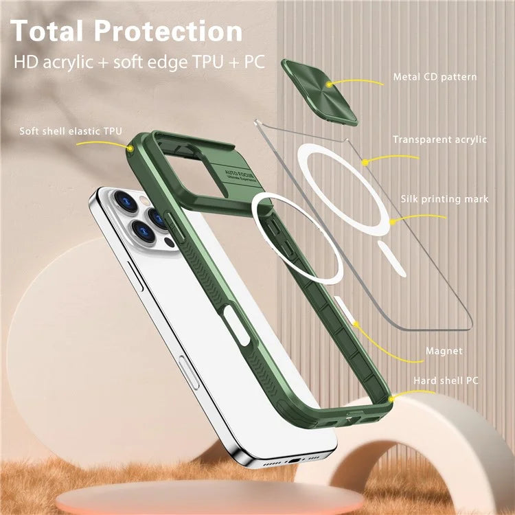 For iPhone 16 Pro Clear Phone Case Compatible with MagSafe PC Cover with Camera Lens Slider
