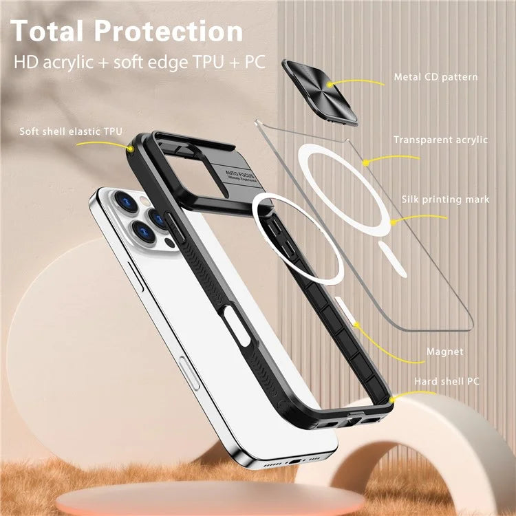 For iPhone 16 Pro Clear Phone Case Compatible with MagSafe PC Cover with Camera Lens Slider