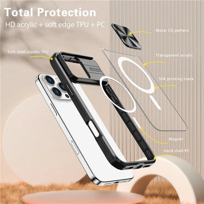 For iPhone 16 Pro Clear Phone Case Compatible with MagSafe PC Cover with Camera Lens Slider