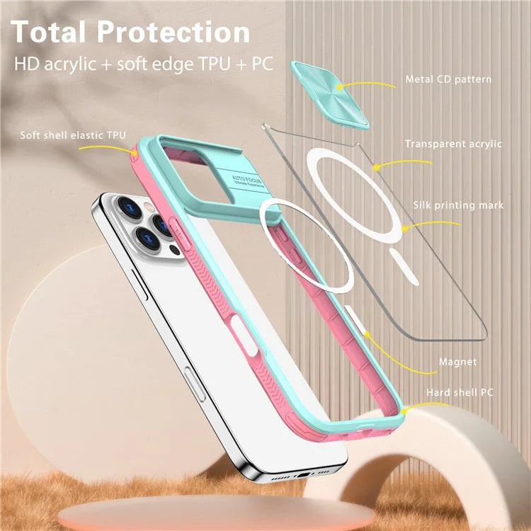 For iPhone 16 Pro Clear Phone Case Compatible with MagSafe PC Cover with Camera Lens Slider