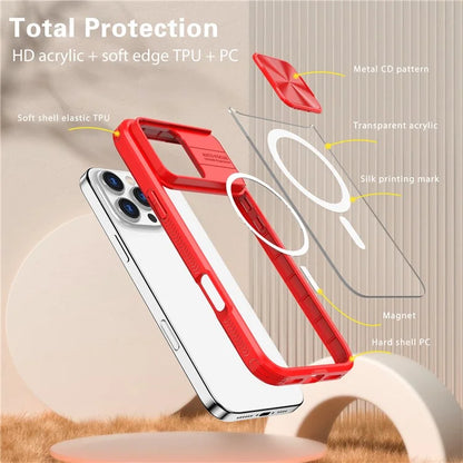 For iPhone 16 Pro Clear Phone Case Compatible with MagSafe PC Cover with Camera Lens Slider