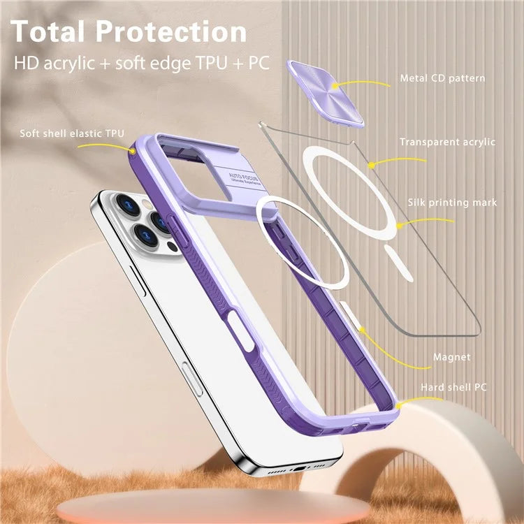 For iPhone 16 Pro Clear Phone Case Compatible with MagSafe PC Cover with Camera Lens Slider
