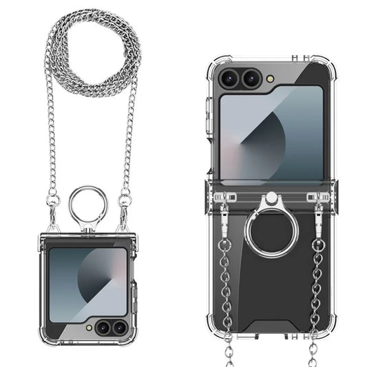 GKK For Samsung Galaxy Z Flip6 5G Clear Case Airbag Hinge Protector Kickstand PC Phone Cover with Strap