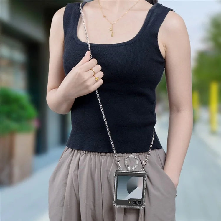 GKK For Samsung Galaxy Z Flip6 5G Clear Case Airbag Hinge Protector Kickstand PC Phone Cover with Strap