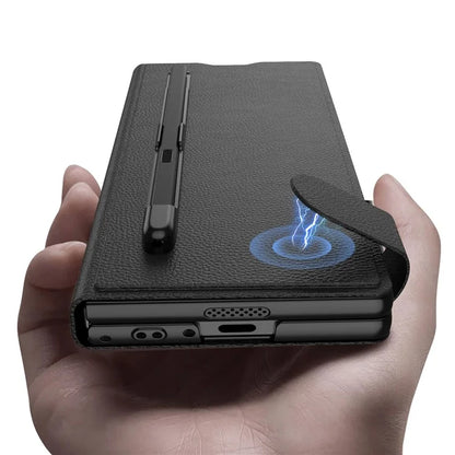 GKK For Samsung Galaxy Z Fold6 5G Case Card Slot PC+PU Flip Phone Cover with Screen Film, Stylus