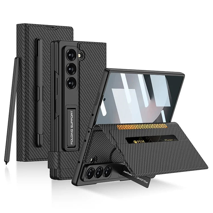 GKK For Samsung Galaxy Z Fold6 5G Case Card Slot PC+PU Flip Phone Cover with Screen Film, Stylus