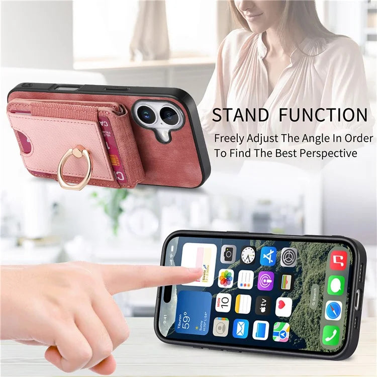 D14 For iPhone 16 Case Vertical Flip Card Holder Ring Holder Kickstand Anti-Fall Cover