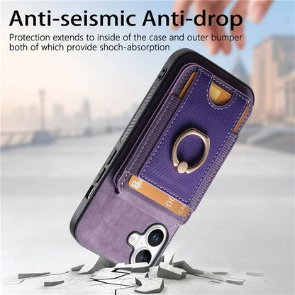 D14 For iPhone 16 Case Vertical Flip Card Holder Ring Holder Kickstand Anti-Fall Cover