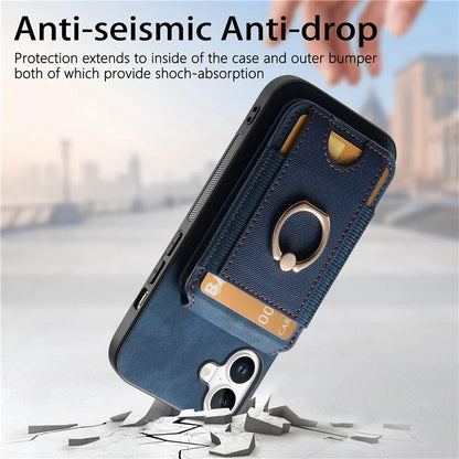 D14 For iPhone 16 Case Vertical Flip Card Holder Ring Holder Kickstand Anti-Fall Cover