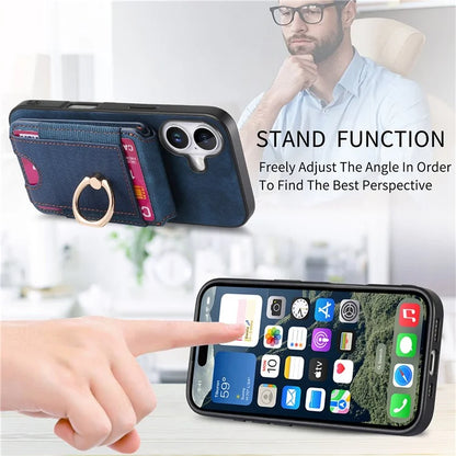 D14 For iPhone 16 Case Vertical Flip Card Holder Ring Holder Kickstand Anti-Fall Cover