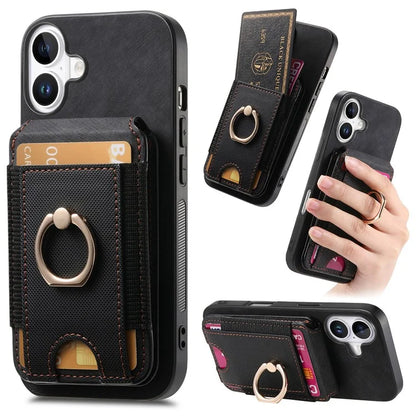 D14 For iPhone 16 Case Vertical Flip Card Holder Ring Holder Kickstand Anti-Fall Cover
