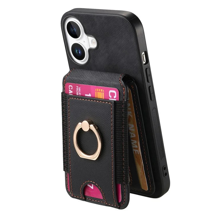 D14 For iPhone 16 Case Vertical Flip Card Holder Ring Holder Kickstand Anti-Fall Cover