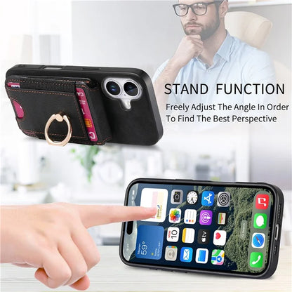 D14 For iPhone 16 Case Vertical Flip Card Holder Ring Holder Kickstand Anti-Fall Cover