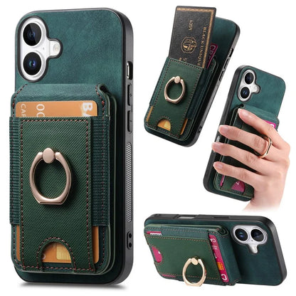 D14 For iPhone 16 Case Vertical Flip Card Holder Ring Holder Kickstand Anti-Fall Cover
