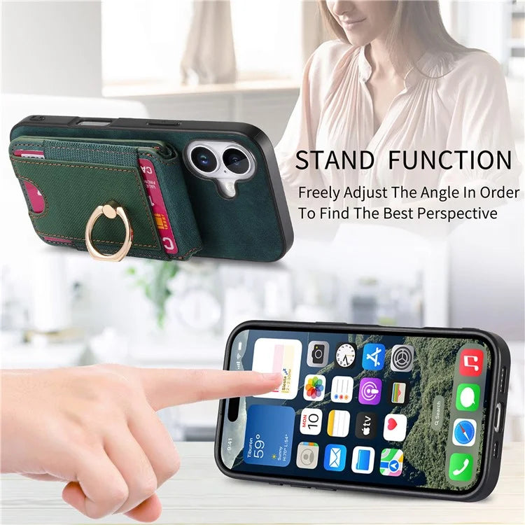 D14 For iPhone 16 Case Vertical Flip Card Holder Ring Holder Kickstand Anti-Fall Cover