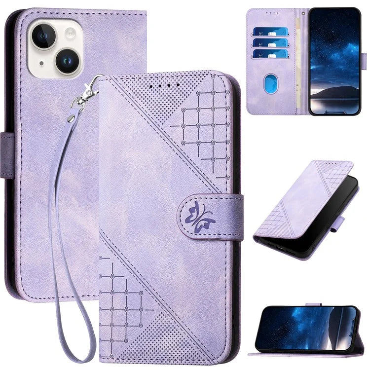 YX0080 For iPhone 15 Case Butterfly Imprint Leather Wallet Phone Cover