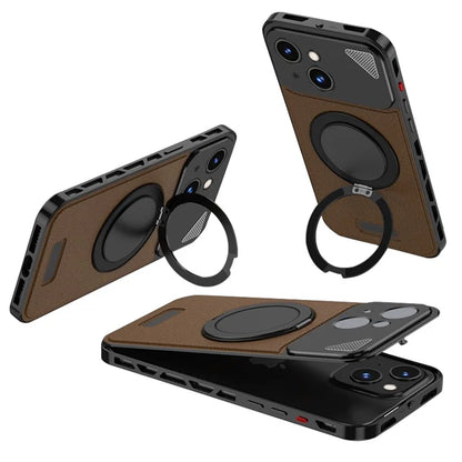 For iPhone 13 / 14 Case Magnetic Closure Back Plate + Metal Frame Phone Cover with Kickstand