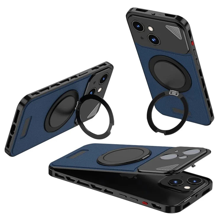 For iPhone 13 / 14 Case Magnetic Closure Back Plate + Metal Frame Phone Cover with Kickstand