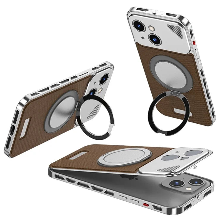 For iPhone 13 / 14 Case Magnetic Closure Back Plate + Metal Frame Phone Cover with Kickstand
