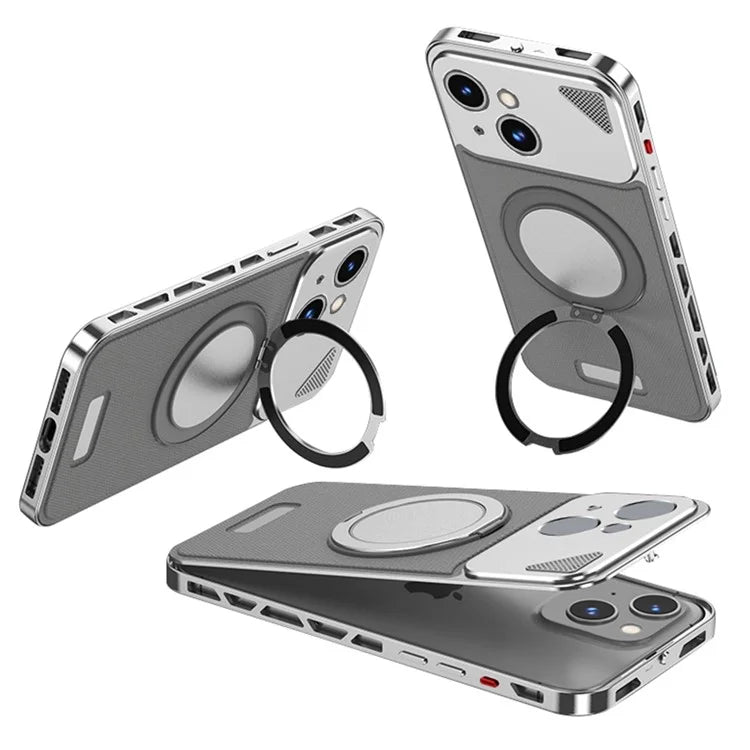 For iPhone 13 / 14 Case Magnetic Closure Back Plate + Metal Frame Phone Cover with Kickstand